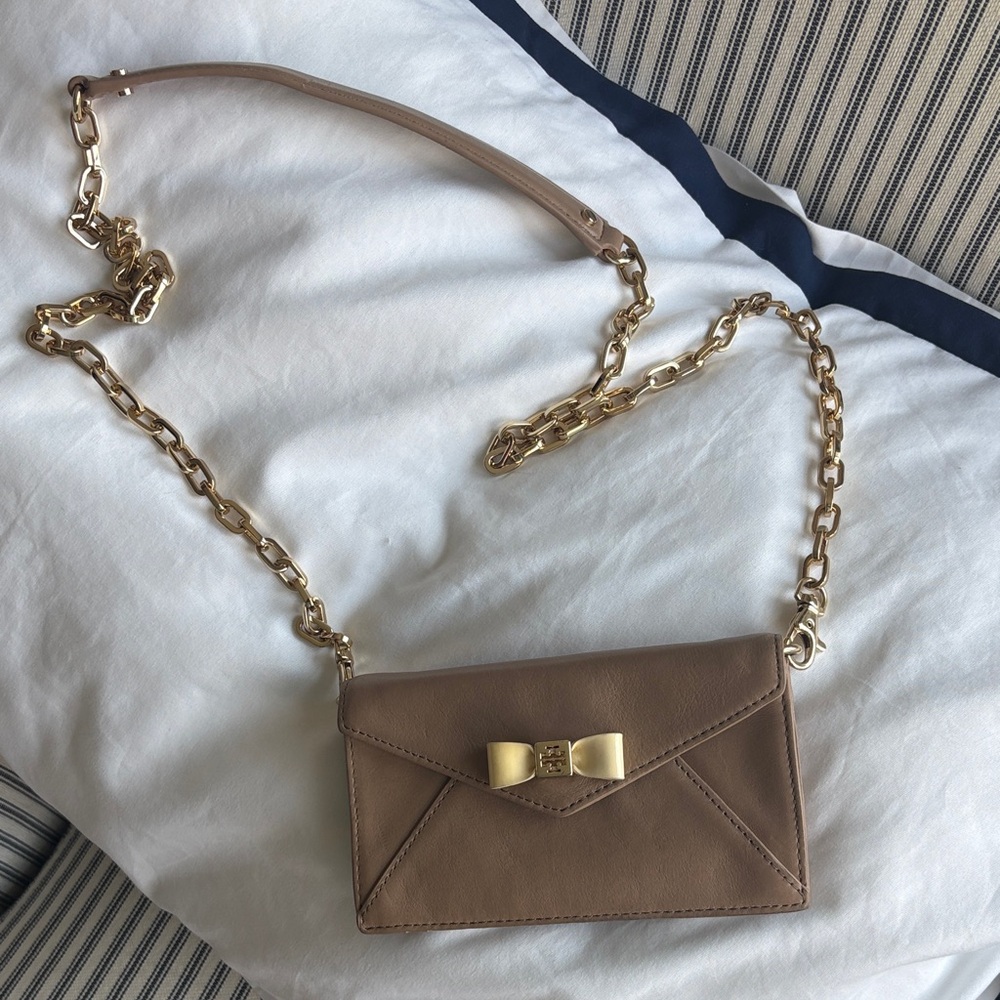 Tory Burch Taupe Mini Envelope Crossbody with Gold Bow